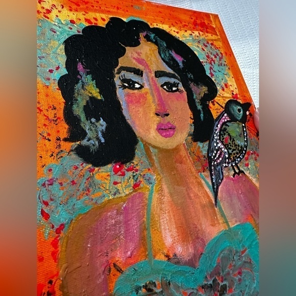 Original Art Painting Artwork Acrylic on Canvas Woman with bird Teal & Orange - Picture 2 of 9
